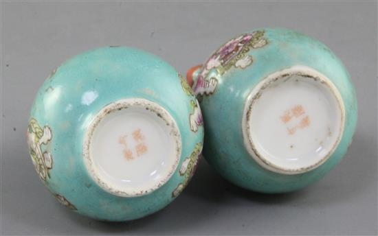 A pair of Chinese miniature turquoise ground hu vases, Qianlong marks but Guangxu period, height 6.3cm